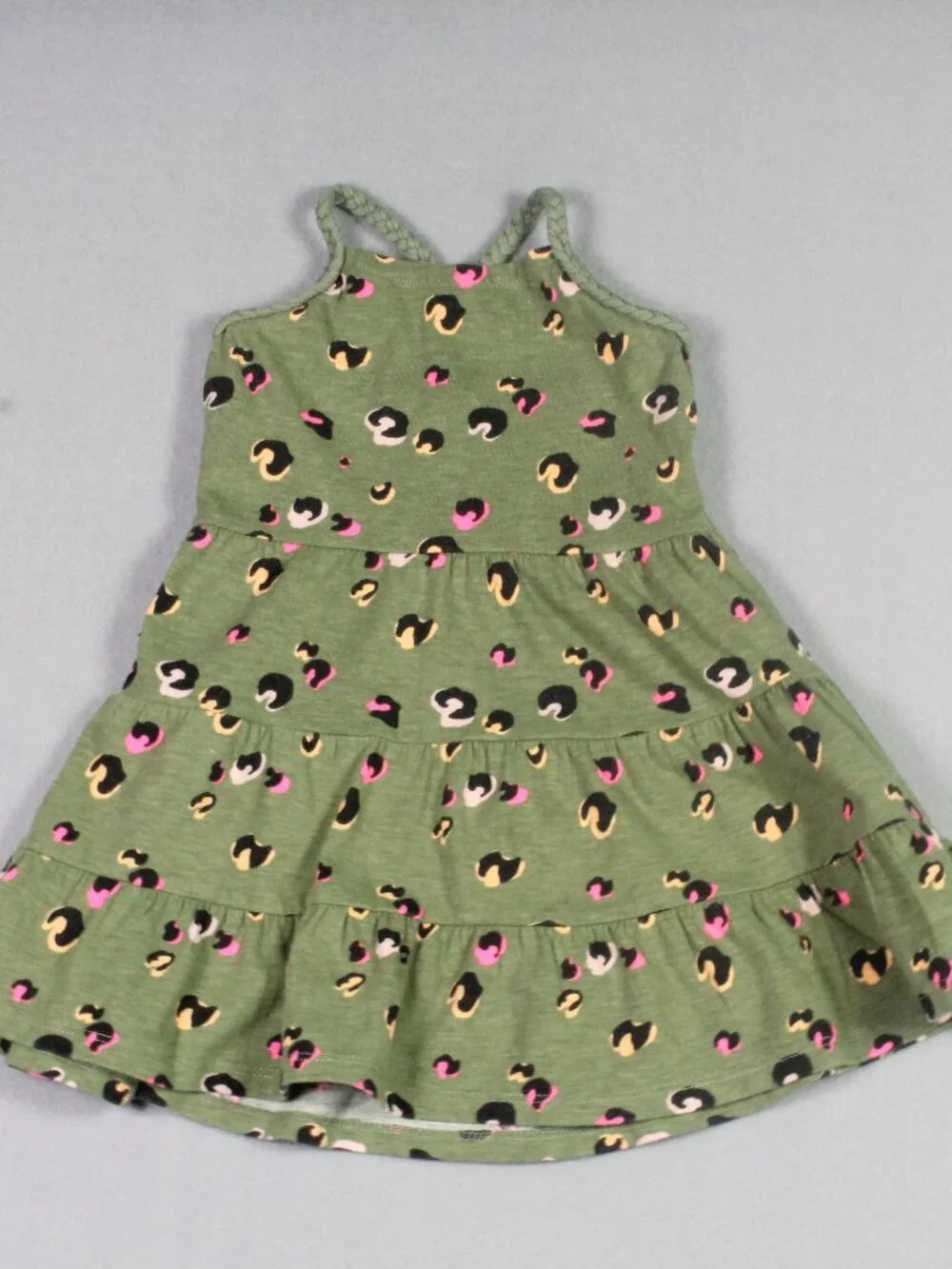 Okie Dokie 18M Olive Sage Green Leopard Braided Strap Tiered Dress GUC